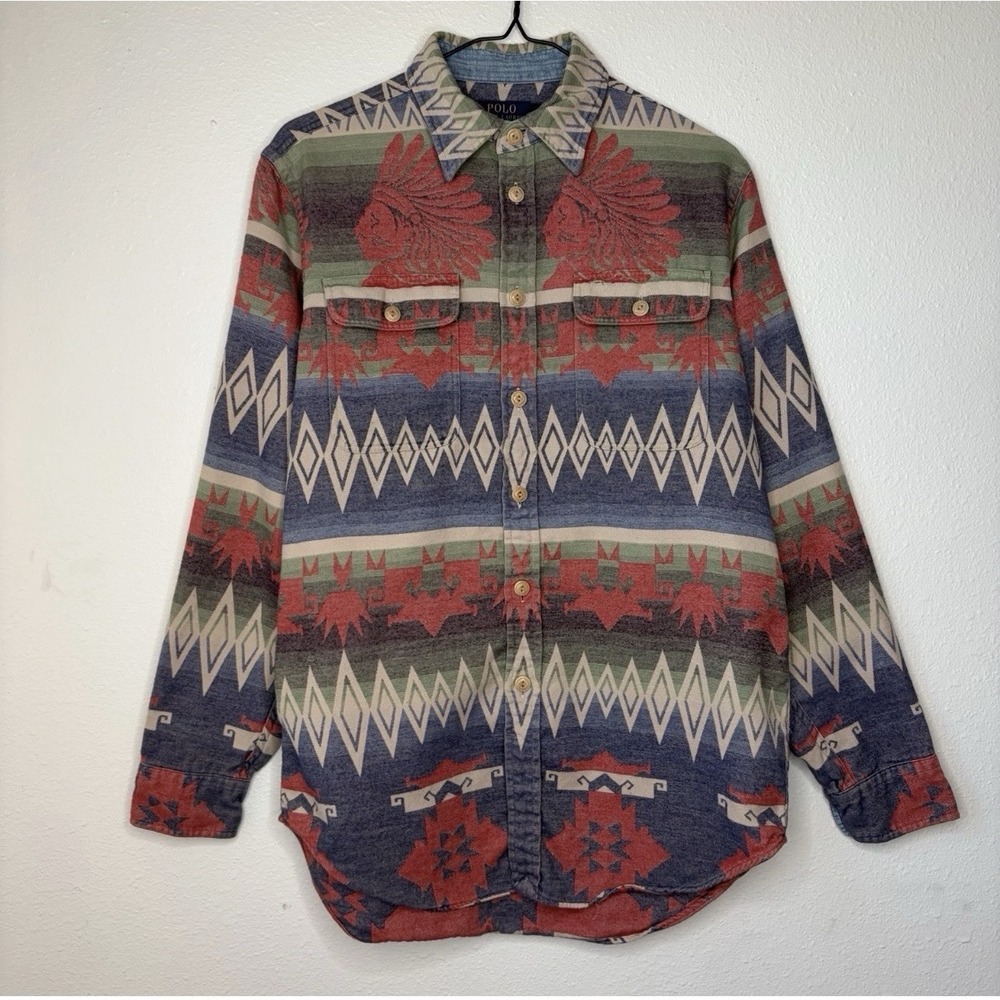 Vintage 90s Polo Ralph Lauren Southwestern Native Indian Head Chief Shirt Medium